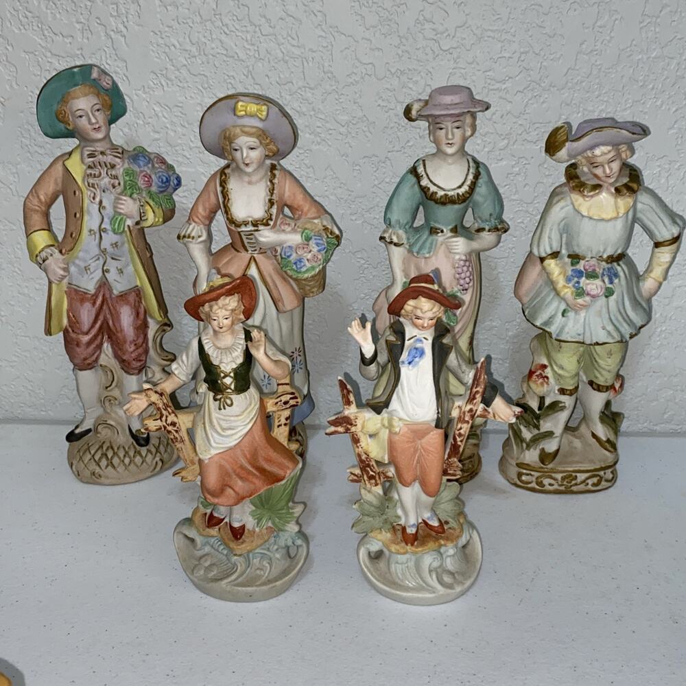 VTG Occupied Japan Porcelain Figurine Lot 3 Couples Colonial Farmers Bisque RARE